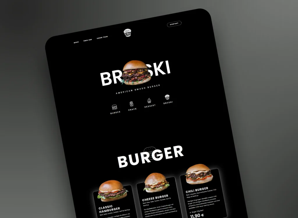 Broskiburger Webseite mit dunklem Gradient hintergrund