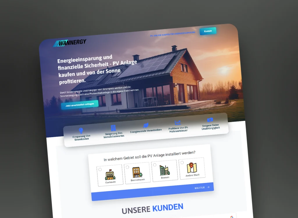 Wannergy Webseite mit dunklem Gradient hintergrund