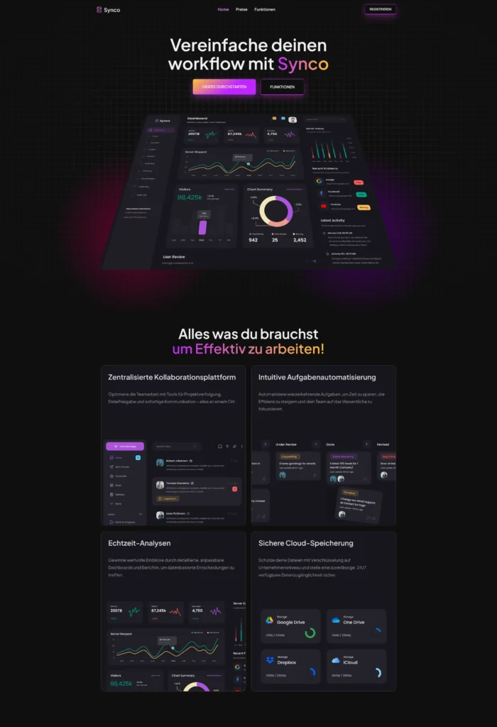 Synco Webseite mit dunklem Gradient Hintergrund